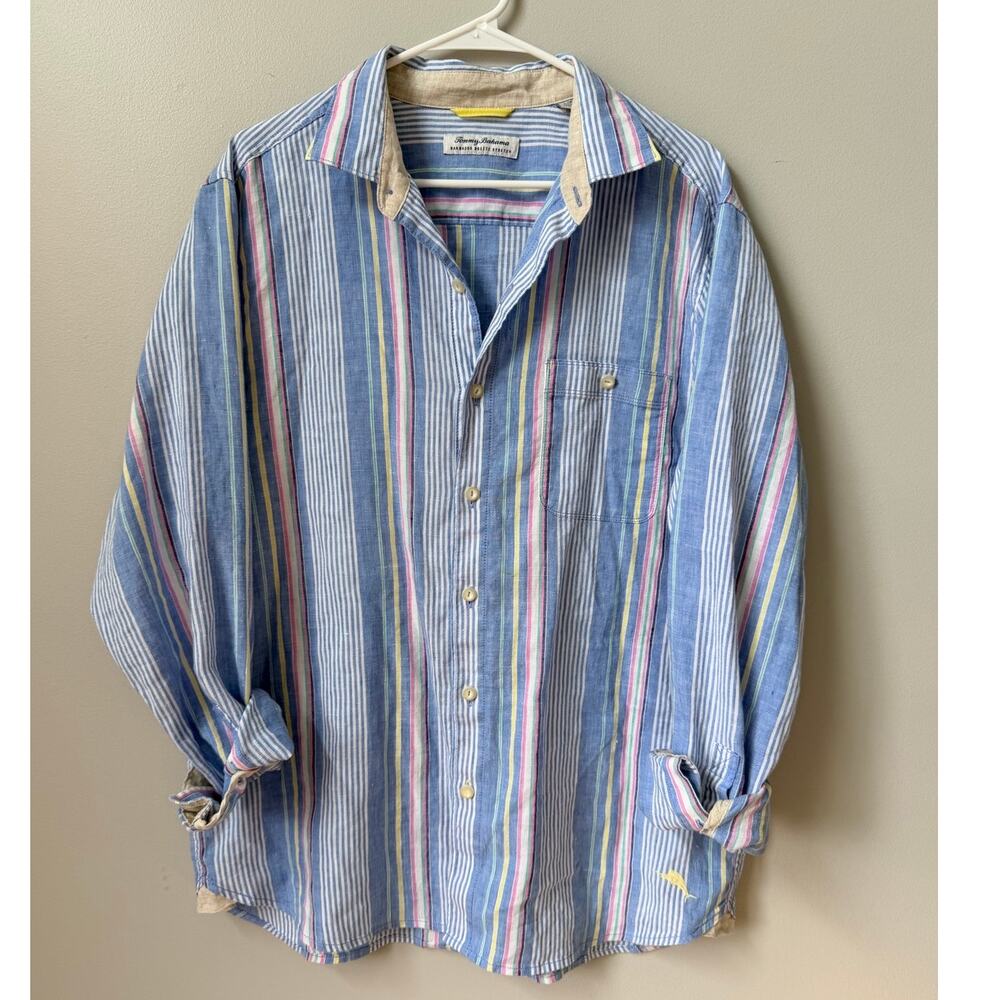 Tommy Bahama Barbados Breeze Stretch Linen Blend Striped Shirt Men's Large L